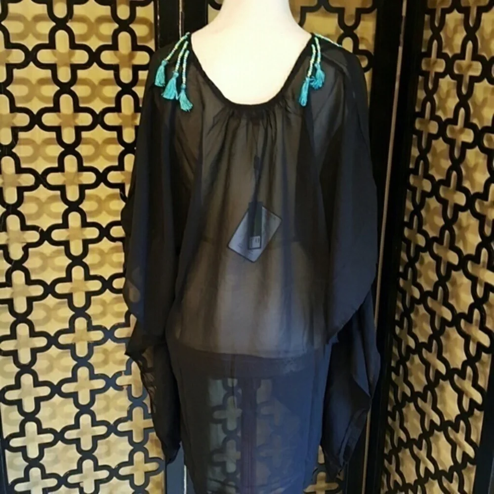 NWT BLACK GREEN SHEER TASSLE TUNIC/COVERUP Size‎ Large